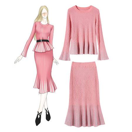施悅名 精品女裝早春新款喇叭袖壓褶針織衫包臀魚尾裙套裝